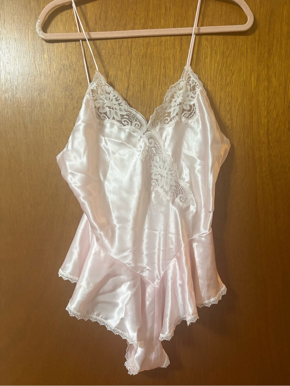 Vintage Val Mode Lace-Trim Satin Camisole Romper in baby pink! Size medium!